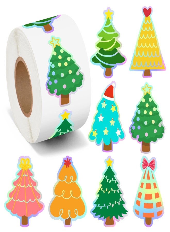 Kirako 500Pcs Christmas Tree Stickers Roll Holographic Laser Xmas Pine Tree Buffalo Plaid Striped Star-Topped Self-Adhesive Decals Festive Winter Holiday Birthday Party Gift for Envelope Journal Decor - Image 1